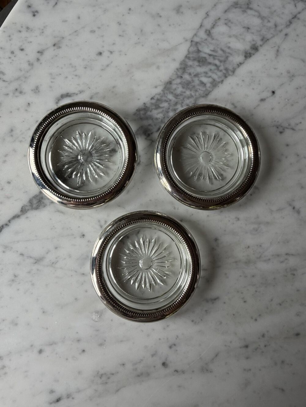 Set of 3 Leonard Silver-Plated Glass Coasters Vintage Starburst Design Hong Kong